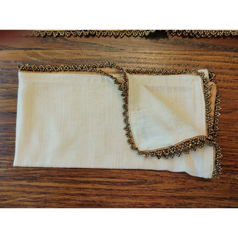 Pier 1 Imports 2pc (1 PAIR) Beaded Trim Napkins Tan Brown Edge LN